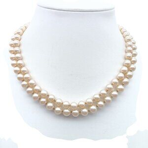 Vintage Double Strand Faux Pearl Necklace with Ornate Clasp, Knotted Glass Choke